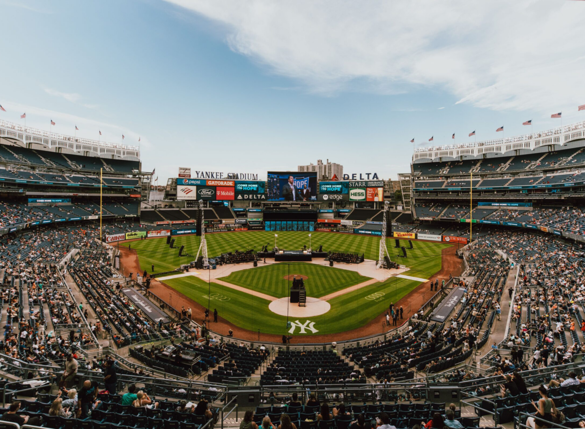 Stadium with crowd set up for Joel Olsteen concert.