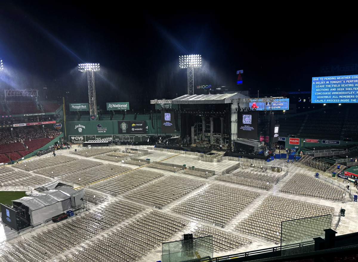 Empty Fenway stadium set up for Lana Del Rey with stage, seating, and barrier.